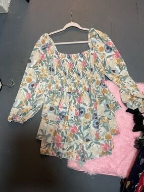 Simple Plus Multicolor Pastel Floral Smocked Peasant Top